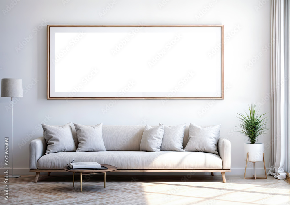 Interior of modern living room with white sofa and picture frame on wall Interior of modern living room with white sofa and picture frame on wall