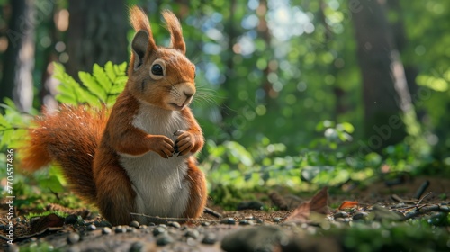 Funny red squirrell standing in the forest like Master of the Universe. Comic animal © Emil
