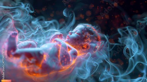 Cosmic womb with a neon fractal-illuminated baby, symbolizing new life's vibrant potential - Generative AI