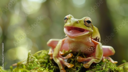 Gliding frog look like laughing on moss  Flying frog laughing  animal closeup  Gliding frog  Rhacophorus reinwardtii  sitting on moss  Indonesian tree frog