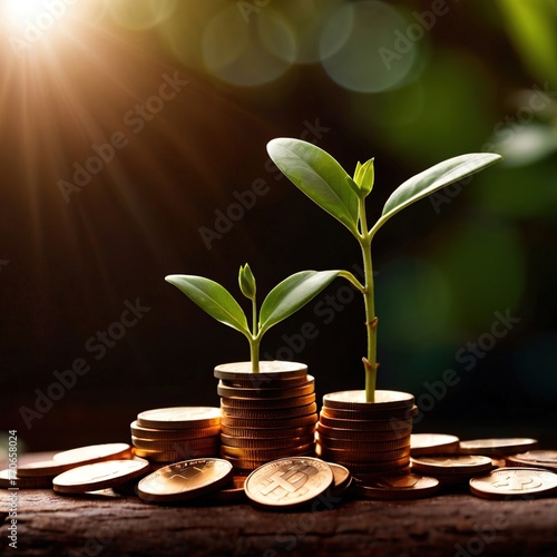 Financial saving concept for weath assets shown by plant growing out of pile of coins