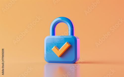 3D icon of a blue lock with a check mark on orange background. Security and encryption