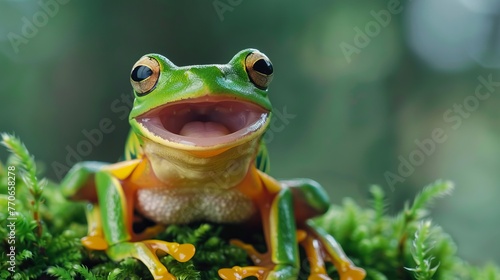 Gliding frog look like laughing on moss  Flying frog laughing  animal closeup  Gliding frog  Rhacophorus reinwardtii  sitting on moss  Indonesian tree frog