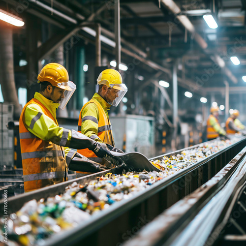 Workers in protective suits sort recyclable plastic bottles at a waste recycling facility photo