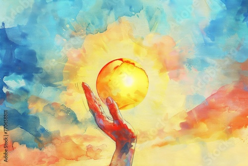 手のひらから太陽が浮かんでいる水彩画イラスト（太陽・光・空・幻想・スピリチュアル） photo