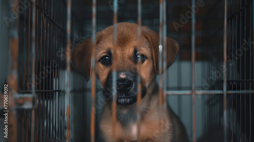 poor sad little puppy in the shelter, waiting for an owner