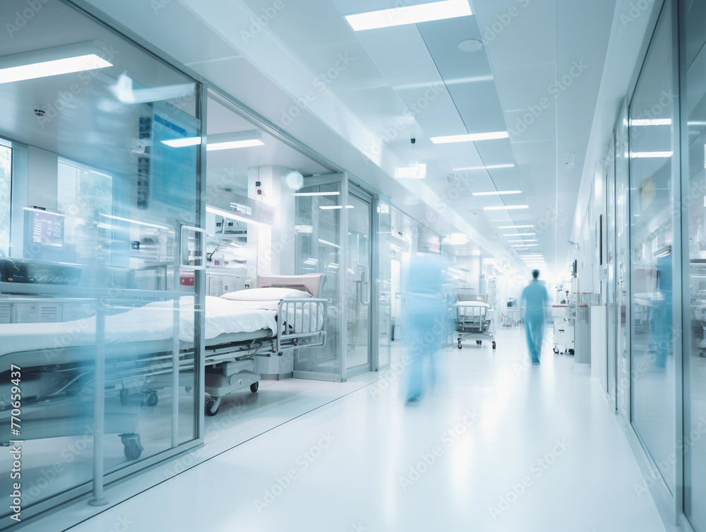 A motion blurred photograph of a hospital interior. A motion blurred photograph of a hospital interior.