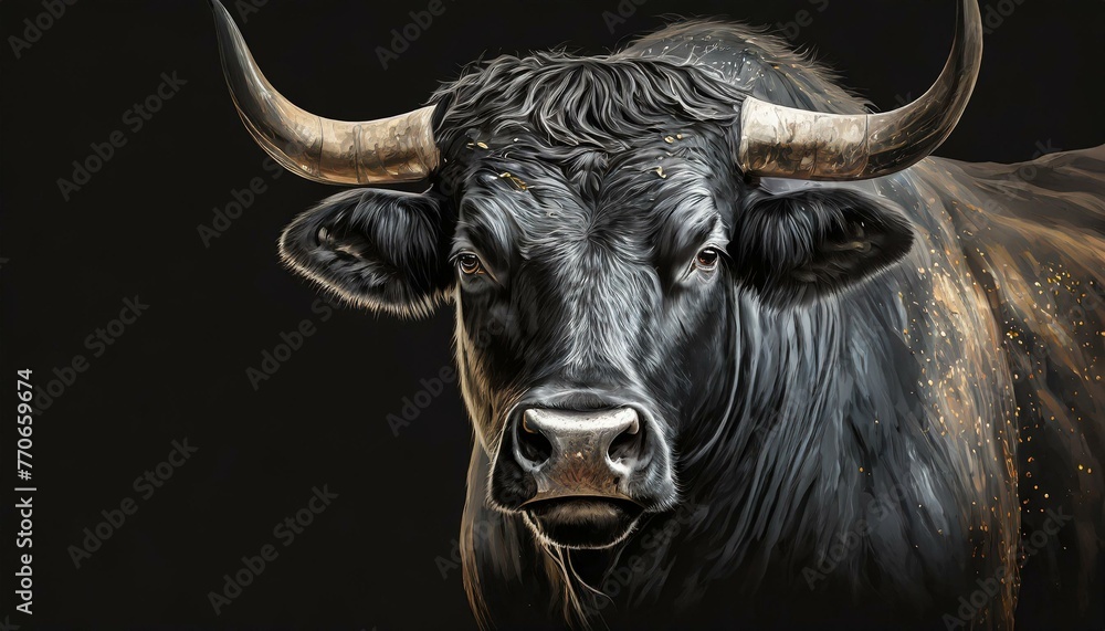 Portrait of black bull on black background with copy space. animal wildlife