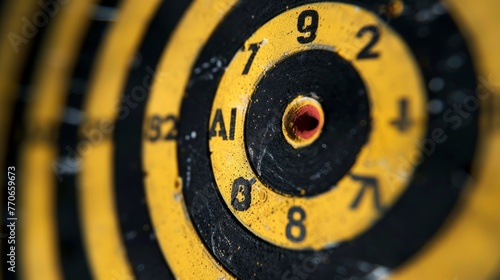 A close up of a yellow and black target with a red dot in the center