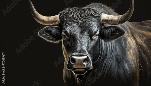 Portrait of black bull on black background with copy space. animal wildlife