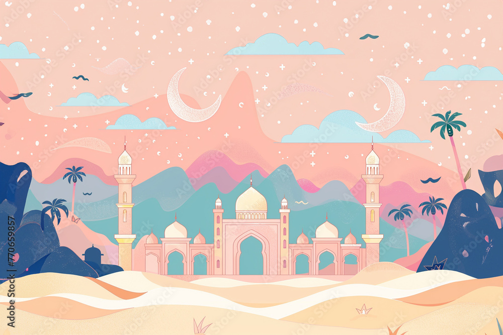 Pastel colors mosque, moon and dunes. Pastel colors mosque, moon and dunes.