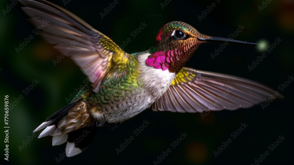 Fototapeta premium A hummingbird is flying in the air with its wings spread wide