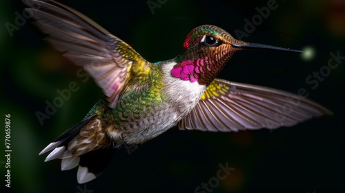 A hummingbird is flying in the air with its wings spread wide