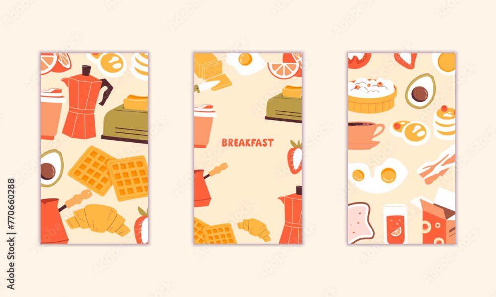 
Set of gentle vector business cards on the theme of breakfast, cafe, food
