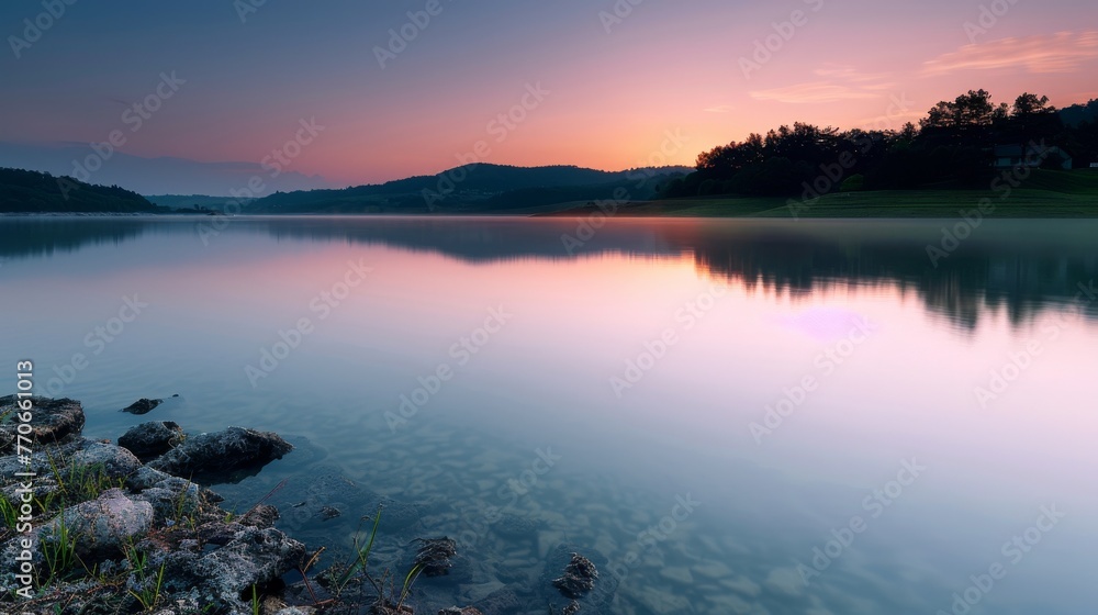 Fototapeta premium A beautiful lake with a blue sky in the background
