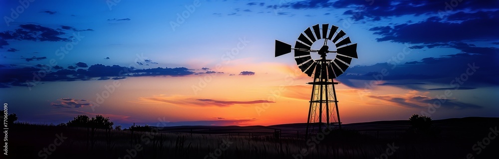 A windmill is standing in a field at sunset A windmill is standing in a field at sunset
