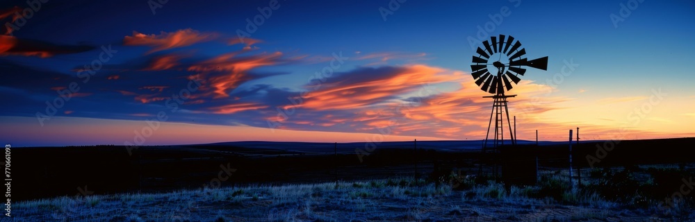 A windmill is standing in a field at sunset A windmill is standing in a field at sunset