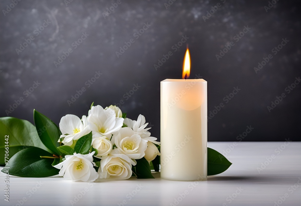 white flowers and white burning candle on black background for obituary notice, funeral announcement, necrology white flowers and white burning candle on black background for obituary notice, funeral announcement, necrology