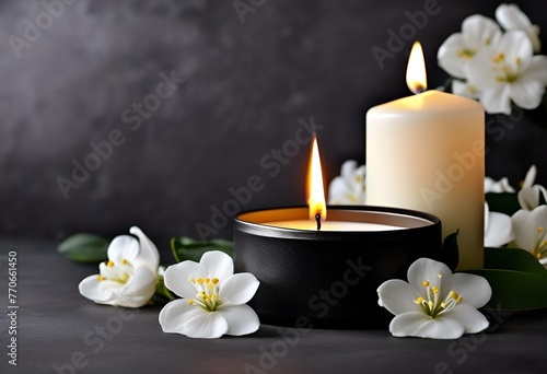 white flowers and burning black and white candles on black background for obituary notice, funeral announcement, necrology photo