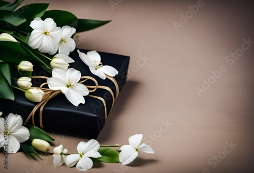 white flowers on black box for obituary notice  funeral announcement  necrology