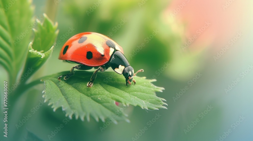 Fototapeta premium A ladybug is sitting on a leaf
