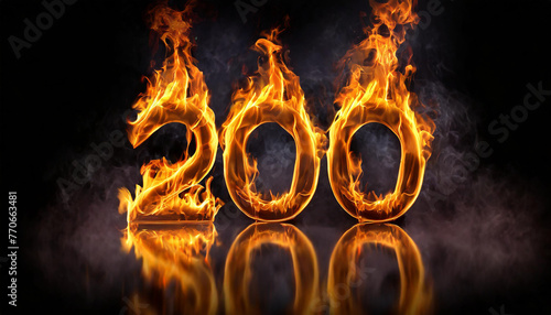 Number 200 made of fire flame on black background. Hot orange blaze. 3D rendering. Fiery symbol. photo
