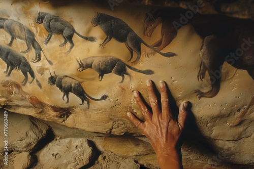 cave painting, the hand of an indigenous person touches an ancient stone with mysterious creatures depicted on it © Evgeny