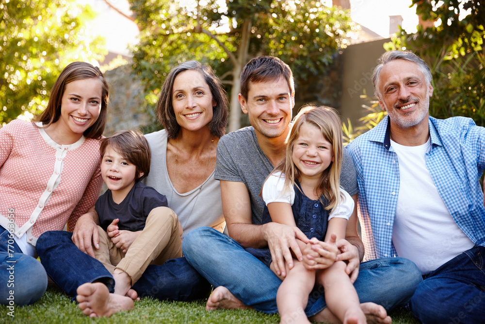 Fototapeta premium Big family, happiness and portrait in garden for love or bonding, care and memories together. Generations, backyard and relax in summer for relationship growth or connection with unity and affection.
