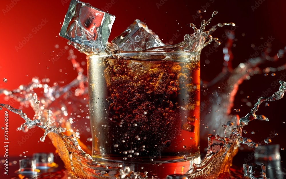 A glass of soda with ice cubes in it is splashing out of the glass A glass of soda with ice cubes in it is splashing out of the glass