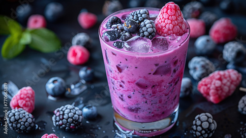 A glass of berry smoothie with raspberries, blackberries and blueberries on a dark background