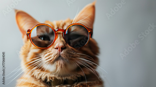 Portrait of a red cat wearing round glasses. Copy space