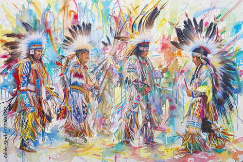 A detailed painting depicting a group of Native Americans engaged in various activities, showcasing their traditional clothing, weapons, and cultural practices