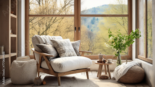 Cozy armchair near the window with many pillows standing in living room interior  © Johannes