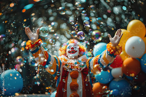 Friendly clown smiling with arms raised surrounded by balloons and soap bubbles outdoors. Generative AI.