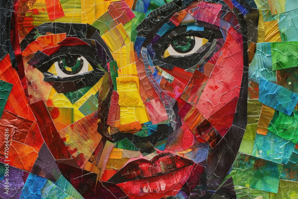 Detailed close-up of a human face meticulously crafted from various colored paper pieces, displaying intricate details and textures