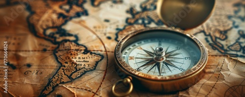 Vintage compass on an old world map, symbolizing exploration and travel