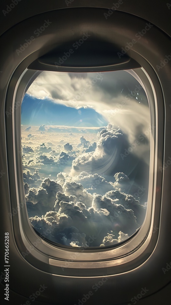 view from airplane window, clouds and sky view from airplane window, clouds and sky