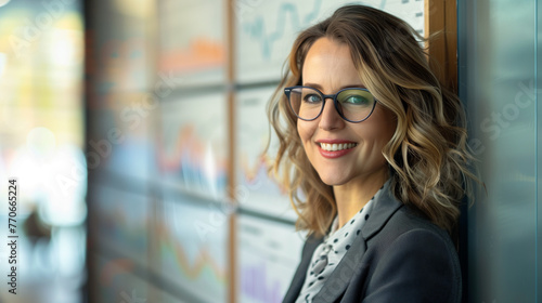 business woman with glasses standing in front of a stock market board