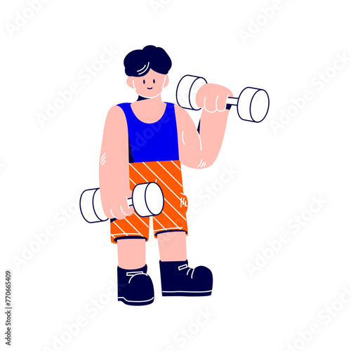 Man is lifting dumbbells at the gym