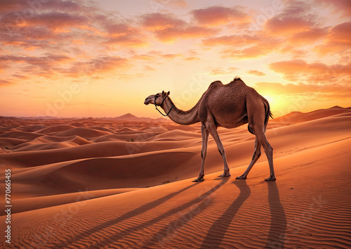 Camels in the Sahara desert at sunset. 3D illustration.