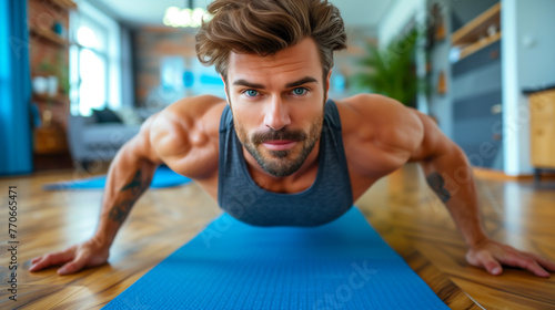 Young athletic man focused on doing push-ups during a home workout session.