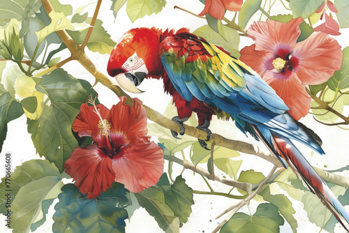 A painting depicting a colorful parrot sitting on a branch adorned with vibrant flowers
