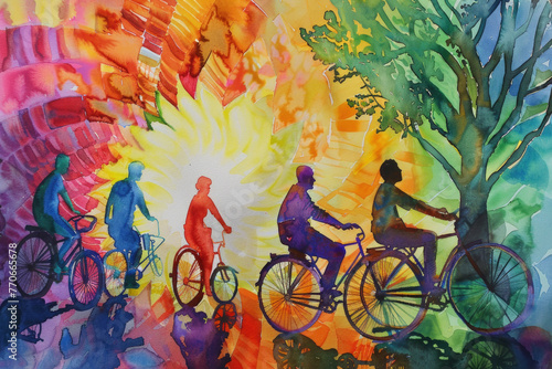A painting depicting a group of individuals riding bicycles together in a vibrant setting