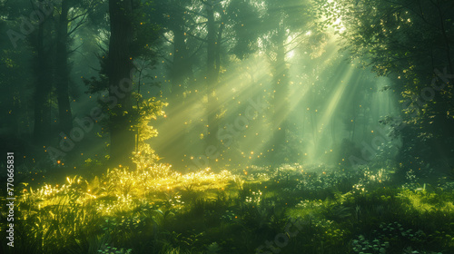 a forest clearing with sunlight penetrating through the trees on a foggy morning