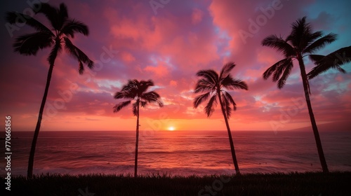 A beautiful sunset over the ocean with palm trees in the background © jiawei