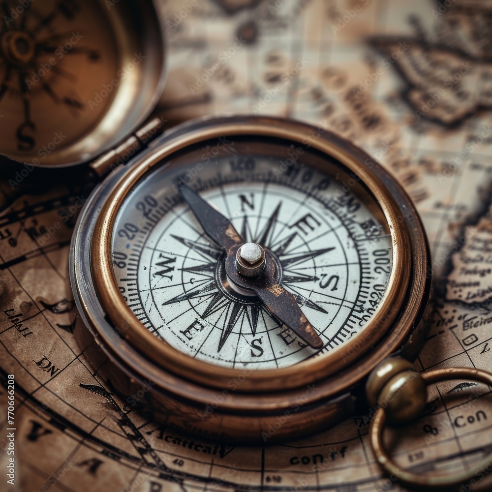 Vintage compass on an old world map for historical exploration