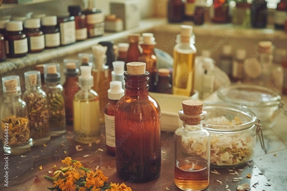 Vintage Apothecary Bottles with Natural Herbs and Oils on Wooden Shelf in Rustic Setting
