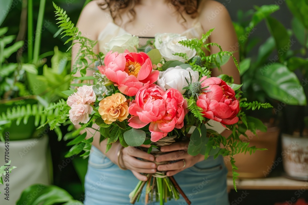 Woman in Casual Outfit Holding Freshly Picked Bouquet of Vibrant Peonies and Ferns in Greenhouse Setting Woman in Casual Outfit Holding Freshly Picked Bouquet of Vibrant Peonies and Ferns in Greenhouse Setting