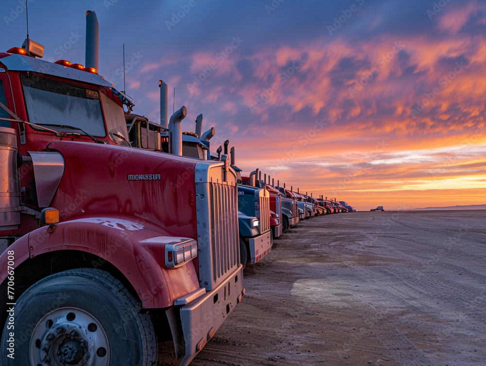 Row of semi trucks parked under evening sky Row of semi trucks parked under evening sky