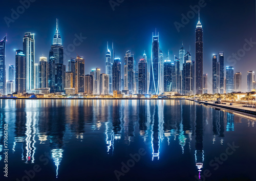 Dubai skyline at night with reflection in water, United Arab Emirates